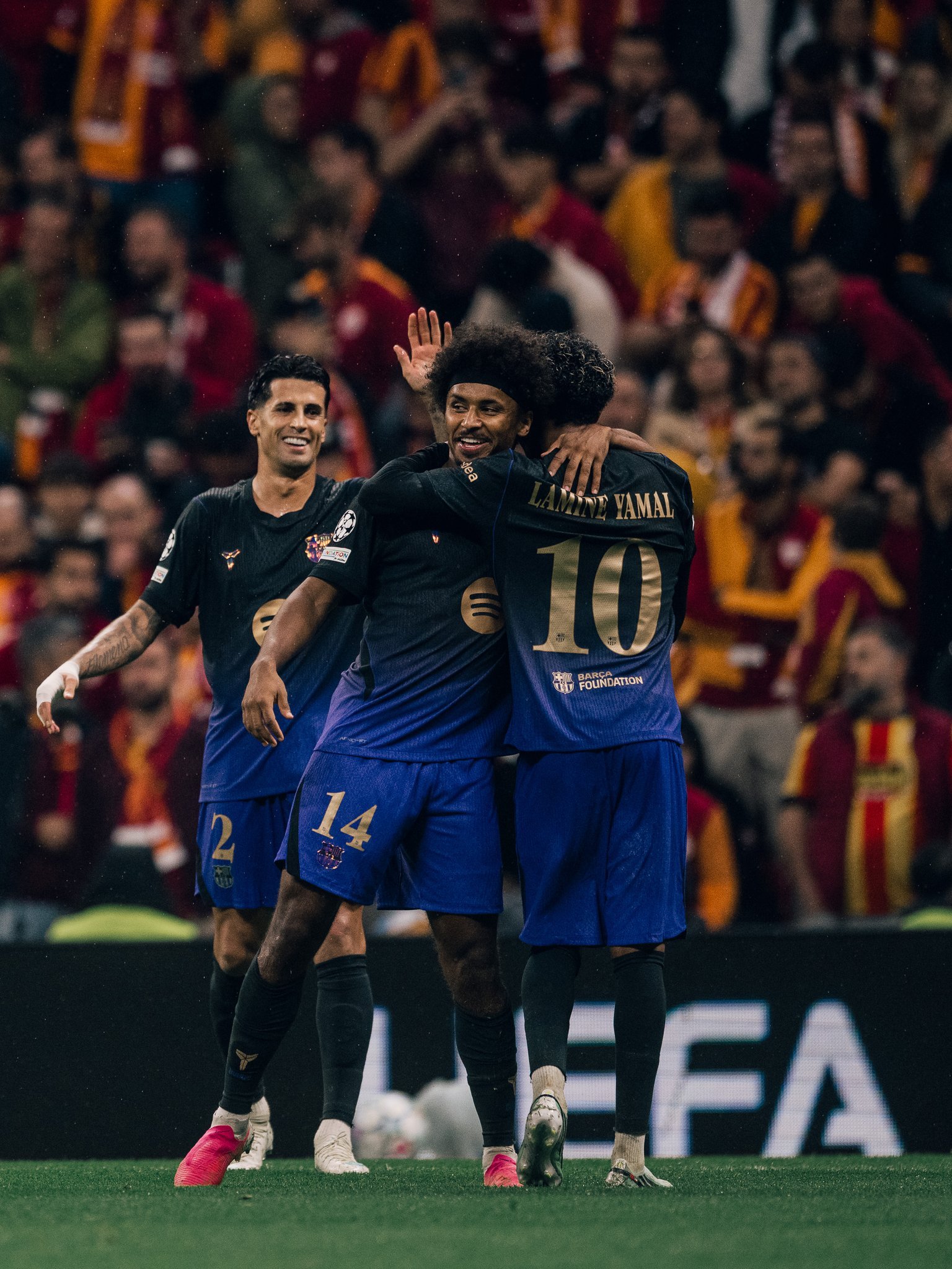 Barcelona players celebrating a goal during a dominant performance